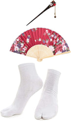 Japanese Anime Women's Long Kimono Robe Fancy Dress Hand Held Silk Folding Fans Tabi Socks Hairstick Set Sakura Red