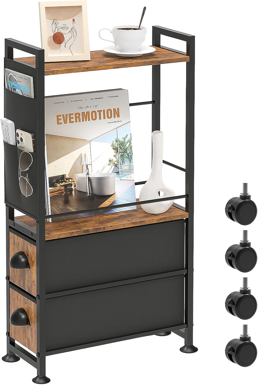 Small Narrow Side Tables for Small Spaces, Skinny Thin Bedside Nightstand End Table with Drawers&Wheels, Slim Tall Desk Magazine Rack with Storage Bag for Sofa Living Room Dorm Couch Bedroom