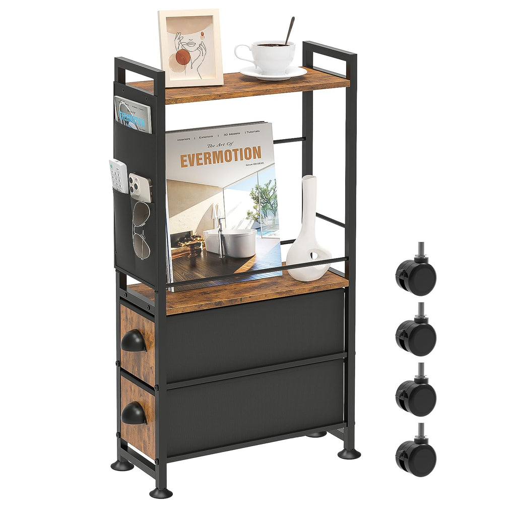 Narrow Side Tables with Drawer for Small Spaces, Small End Table Slim Nightstand with Wheels, Space Saving Skinny Thin Bedside Sofa Coffee Desk with Storage Bag for Bedroom Living Room Couch