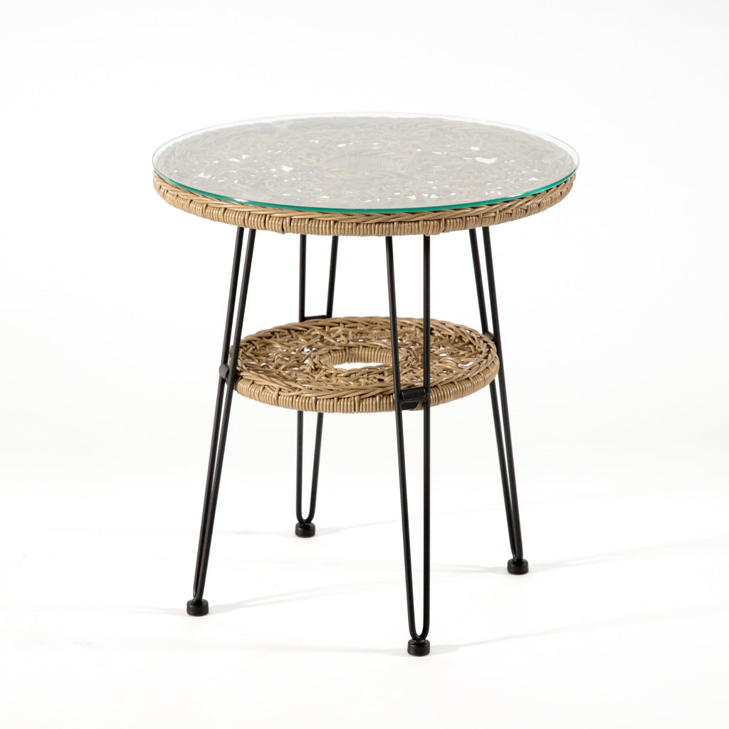 Muse & Lounge Co. Ysar Boho Rattan Round Coffee Table Outdoor with 5mm Tempered Glass Top, All-Weather and Rust Resistant Patio Furniture