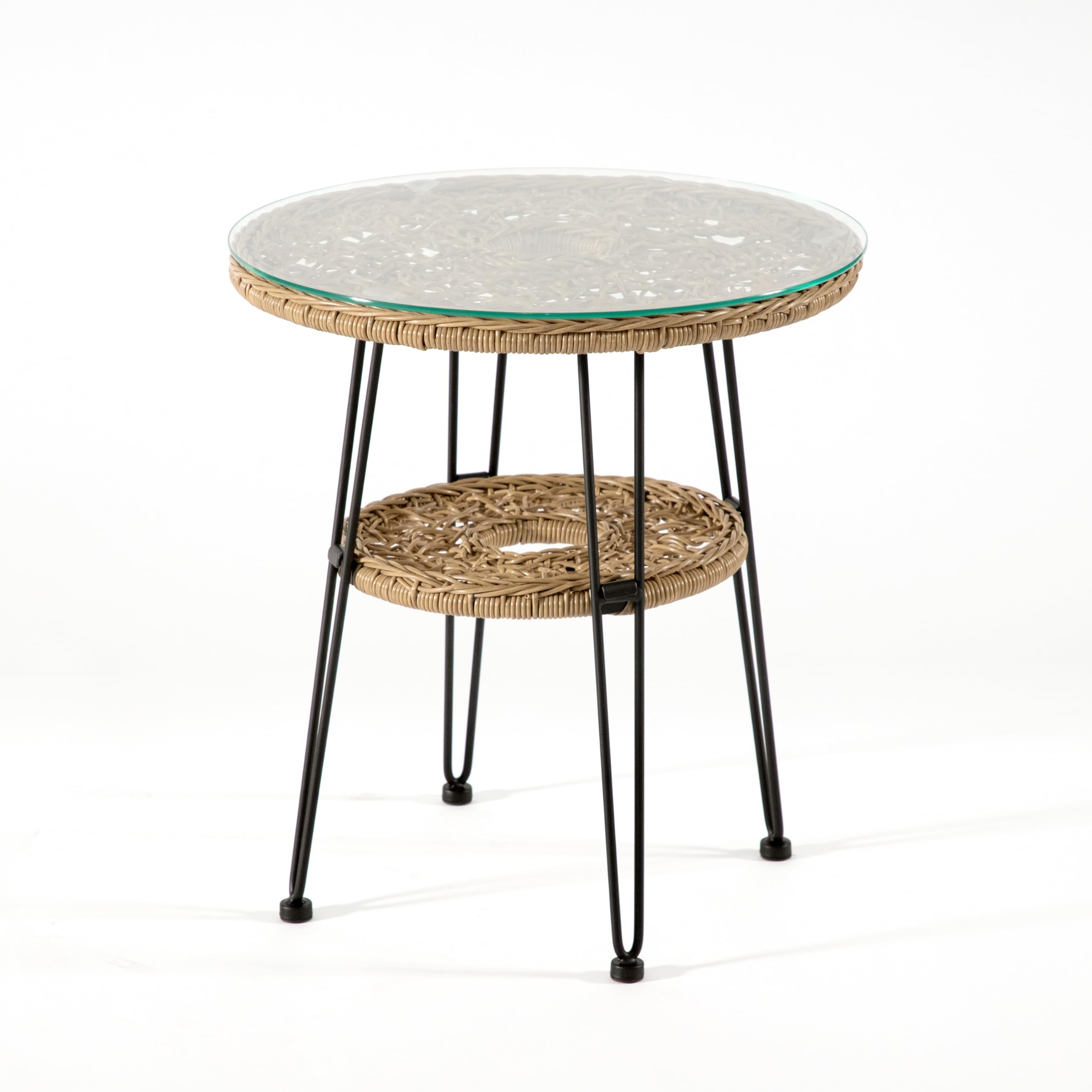 Muse & Lounge Co. Ysar Boho Rattan Round Coffee Table Outdoor with 5mm Tempered Glass Top, All-Weather and Rust Resistant Patio Furniture