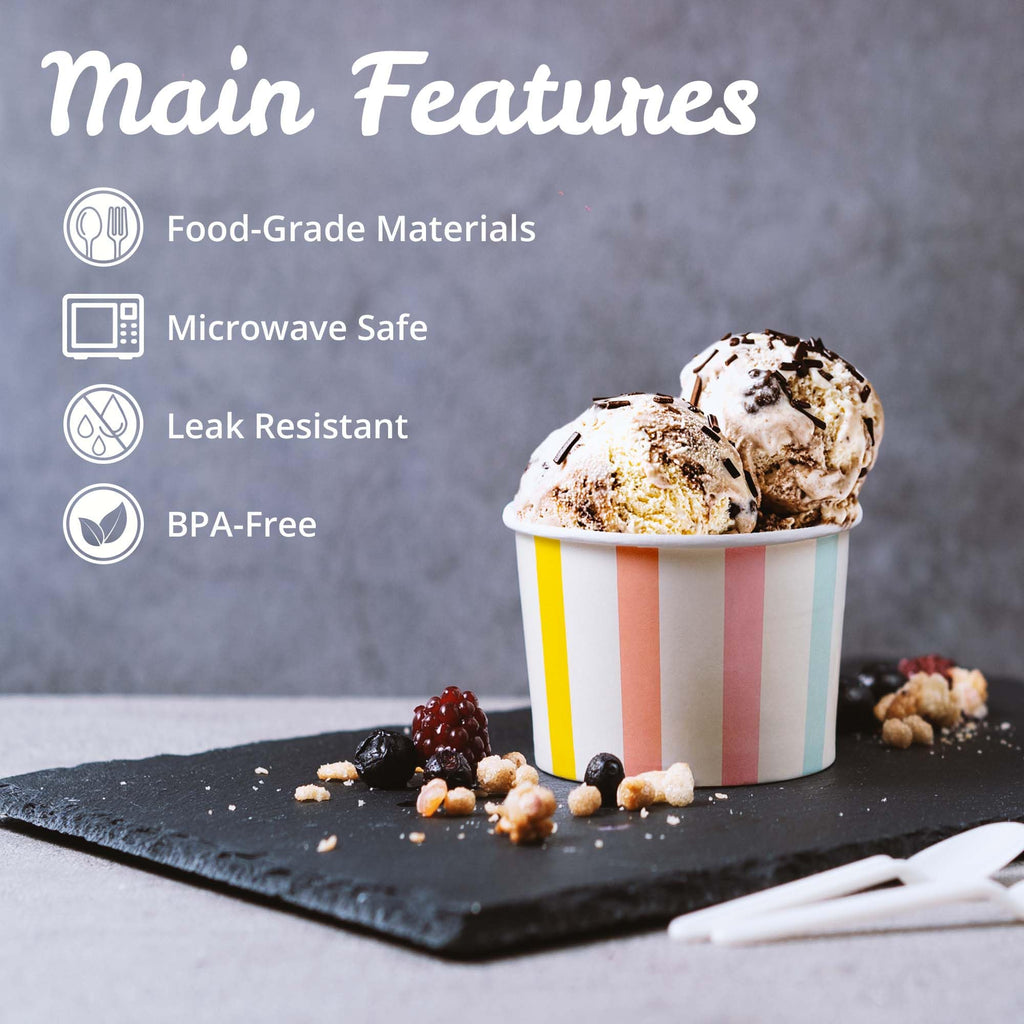 MATICAN Paper Ice Cream Cups, 50-Count 5.5-Oz Disposable Dessert Bowls for Hot or Cold Food, 5.5-Ounce Party Supplies Treat Cups for Sundae, Frozen Yogurt, Soup, Pastel Stripes