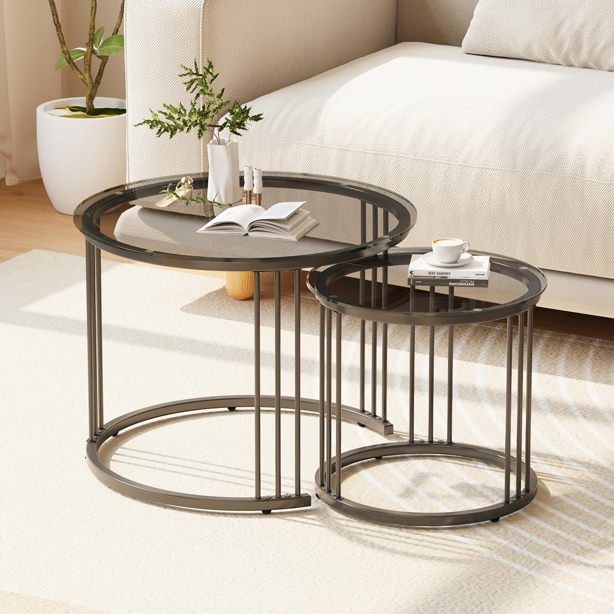 Garden 4 you Nesting Coffee Table, 23.6" Round Coffee Table Set of 2, Glass Nesting Table with Metal Frame, Ceter Tables for Living Room Bedroom Balcony, Gold