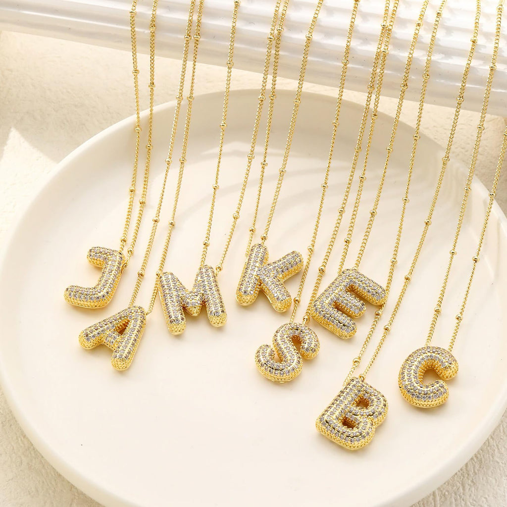 LEXODY Bubble Letter Necklace Gold for Women, Dainty 14K Gold A-Z Diamond Balloon Initial Necklaces Trendy Simple Chunky Cubic Zirconia Alphabet Necklace Waterproof Jewelry for Women Gifts