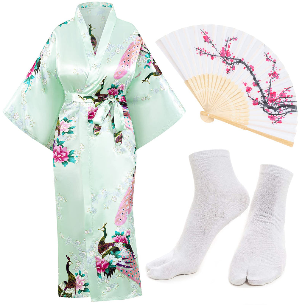 Heone Kimono Satin Peacock Printed Lightweight Cardigan Jacket Coat Yukata Cloak Bathrobe Tops folding Fans Tabi Socks Set