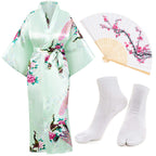 Heone Kimono Satin Peacock Printed Lightweight Cardigan Jacket Coat Yukata Cloak Bathrobe Tops folding Fans Tabi Socks Set