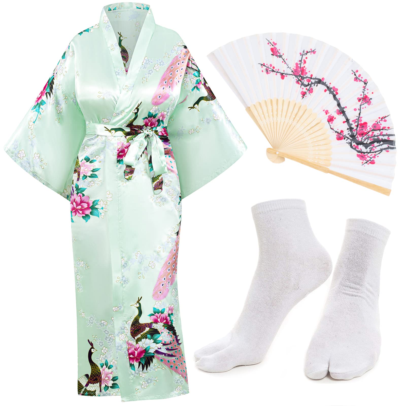 Heone Kimono Satin Peacock Printed Lightweight Cardigan Jacket Coat Yukata Cloak Bathrobe Tops folding Fans Tabi Socks Set