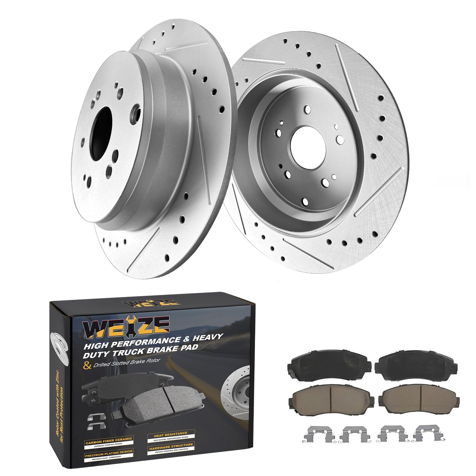 WEIZE Front +Rear Truck & Tow Brake Kit, Carbon Fiber Ceramic Brake Pads & Drilled/Slotted Brake Rotors, Fit for Dodge Ram 1500 & Classic Durango Chrysler Aspen, 5 Lug