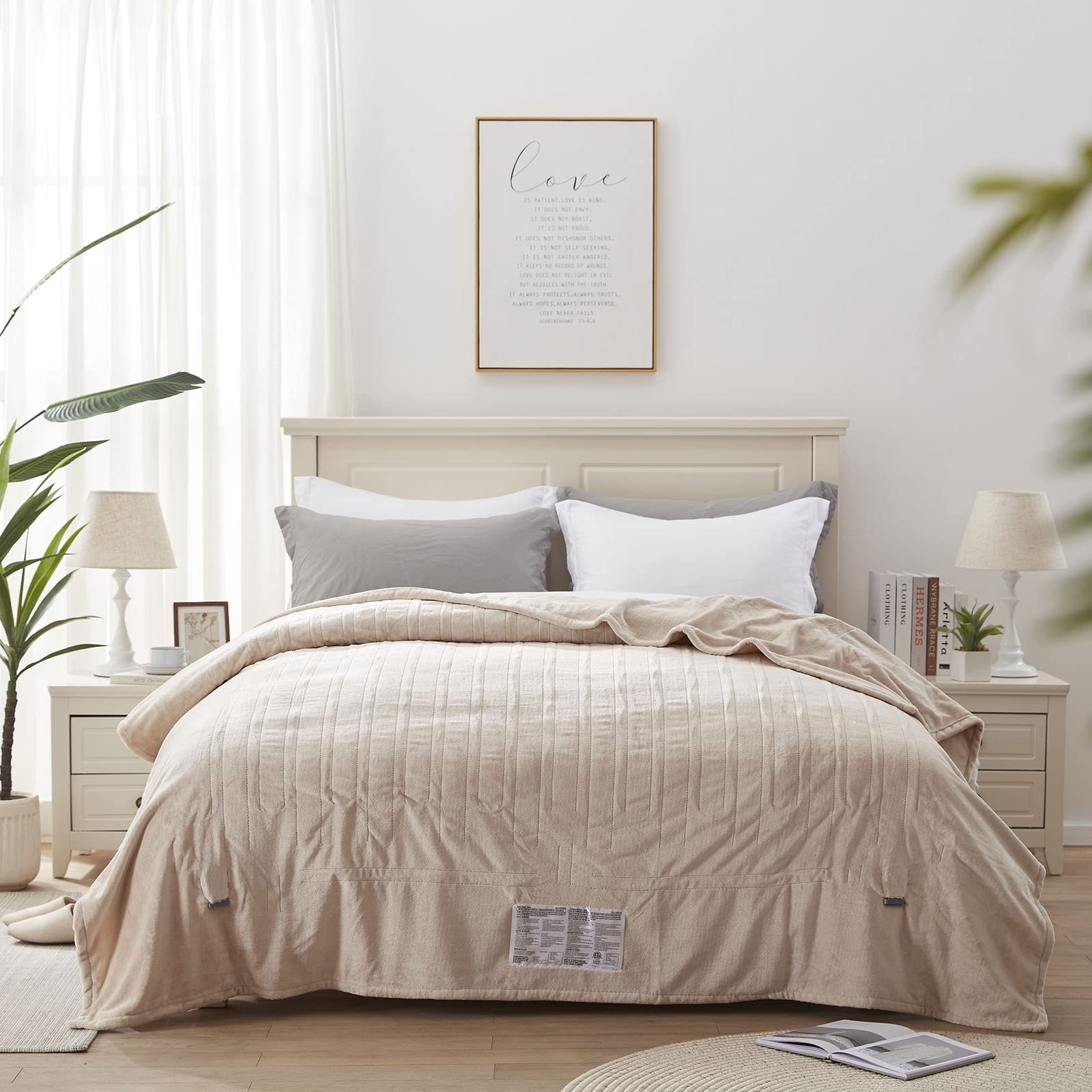 Manta eléctrica Westinghouse tamaño Queen, franela súper suave y acogedora 84" x 90" manta calefactable con 10 niveles de calentamiento rápido y apagado automático de 1-12 horas, lavable a máquina, certificación ETL y FCC, beige