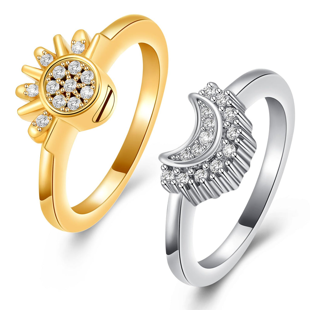 Cremation Jewelry for Ashes Rings - Celestial Sun and Moon Ring Set,Sparkling Sun Ring/Blue Moon Ring/Silver Plating,Friendship Promise Ring,Stackable Celestial Rings,Gift for Women/Girls