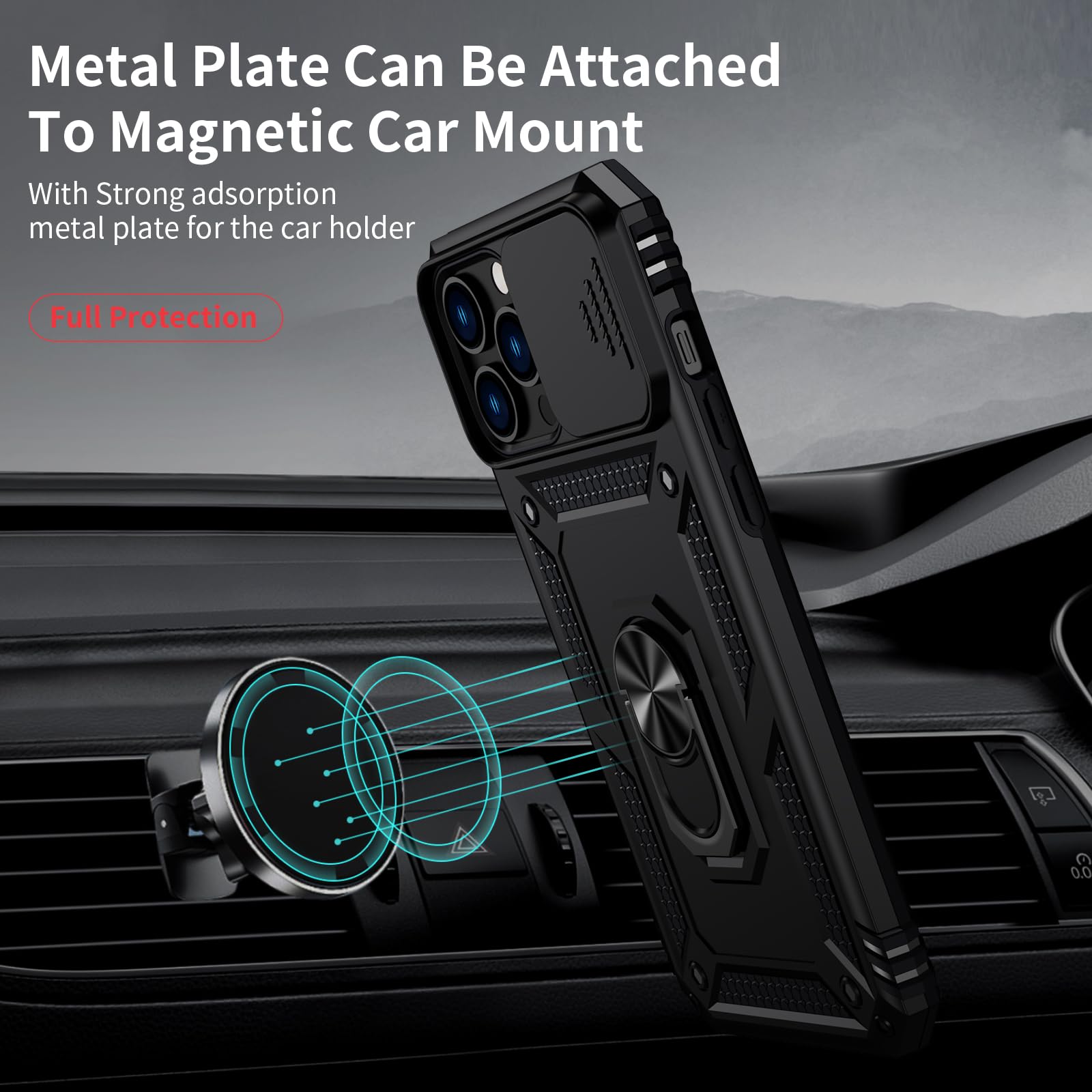 Vinve for iPhone 13 Pro Max Case with Slide Lens Cover, HD Screen Protector, Military Grade Drop Protection, Magnetic Rotated Ring Holder Kickstand Phone Case (Black)