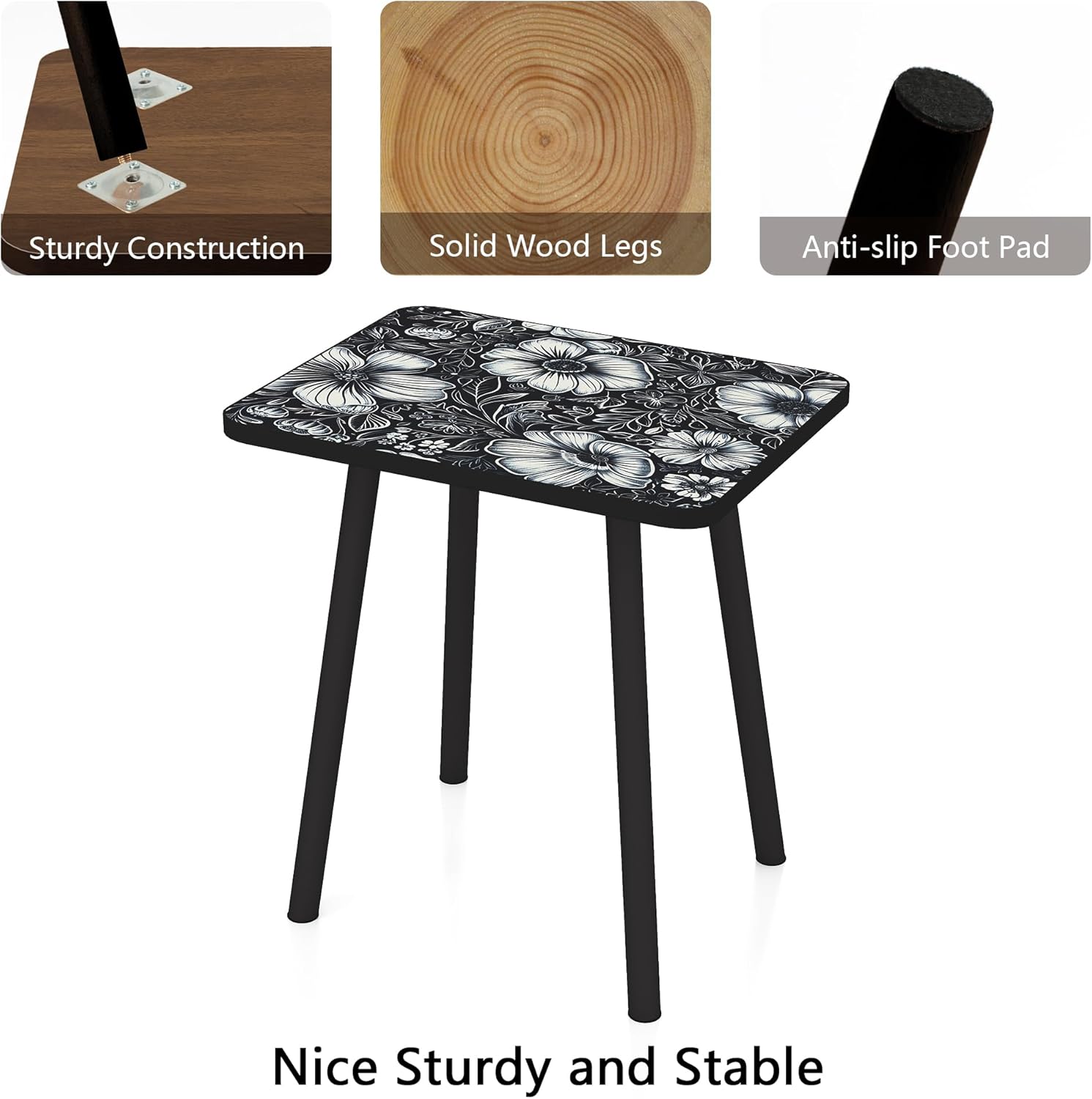 Mandala Small Rectangle End Table, Side Table with Black Flowers Finish, Retro Modern Small Coffee Table for Balcony, Living Room(11.8" D x 15.7" W x 17" H, Black, Rectangle)