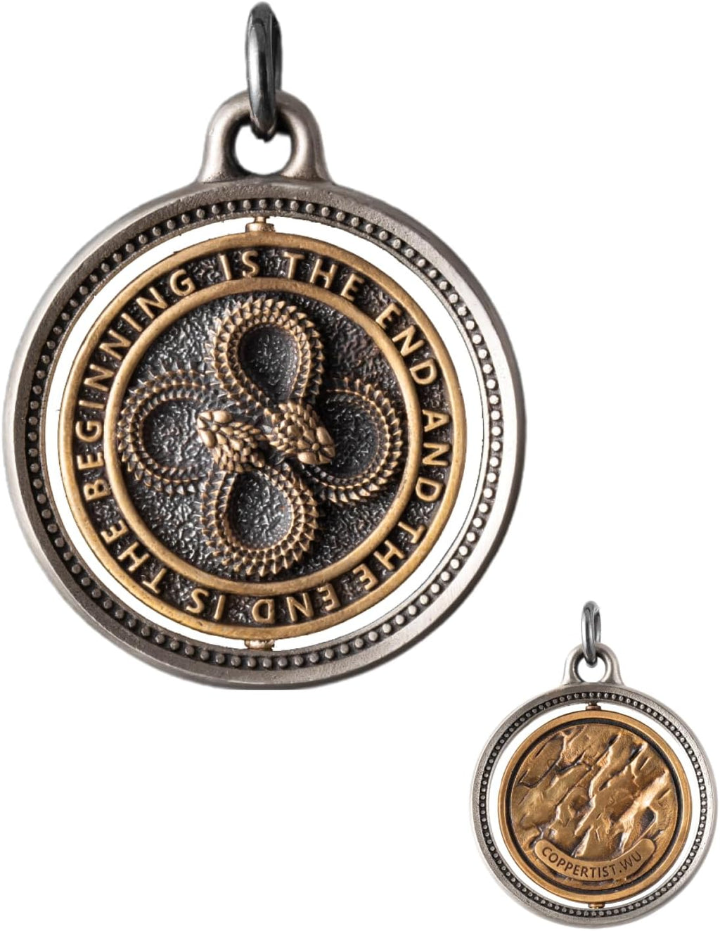 COPPERTIST.WU Rotatable Double Ouroboros Pendant Necklace Snake Charm Jewelry Gifts for Men Women, Brass&White Bronze