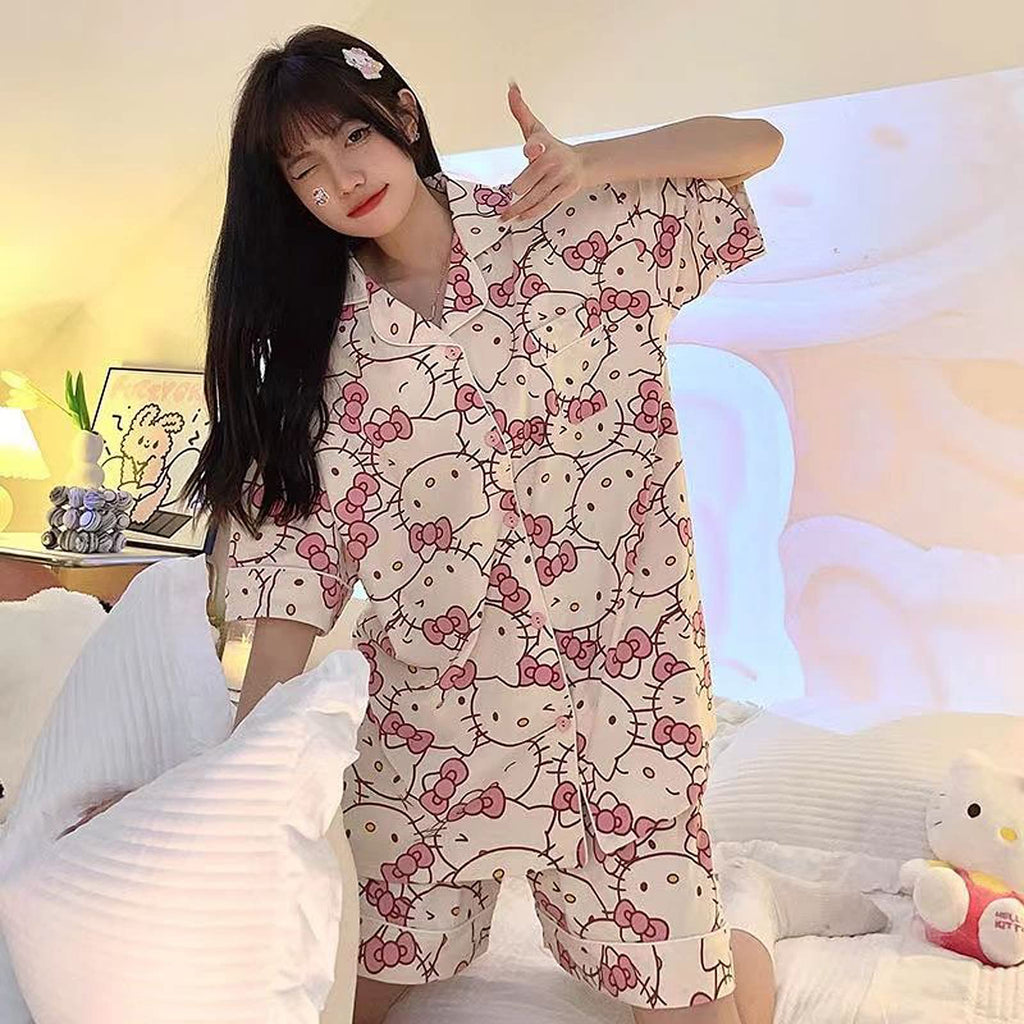 Ocroyea Kawaii Pajamas For Women Short Sleeve Cardigan Pjs Two-Piece Set Cute Cartoon Girls Pajama Leisure Short Sleeve Sleepwear Home Clothes