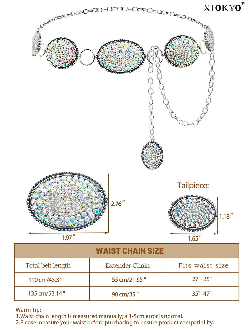 Xiokyo Bling Rhinestone Concho Belt Heavy Metal Western Crystal Chain Belt Cowgirl Sparkly Waist Chain for Women Dress