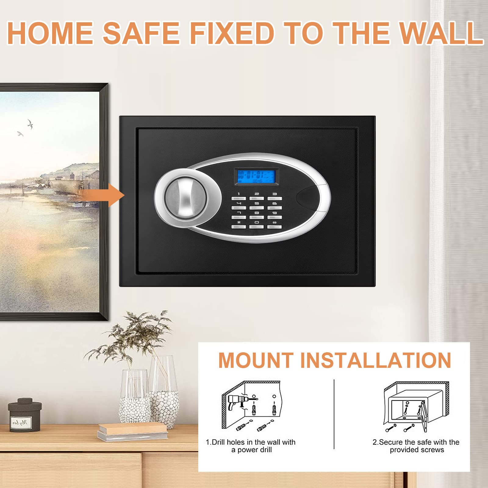 Caja fuerte pequeña para el hogar de 0.7 pies cúbicos, a prueba de agua y fuego, caja fuerte personal digital con teclado programable y llaves de repuesto, cajas fuertes pequeñas a prueba de fuego para dinero, medicinas y objetos de valor en el hogar