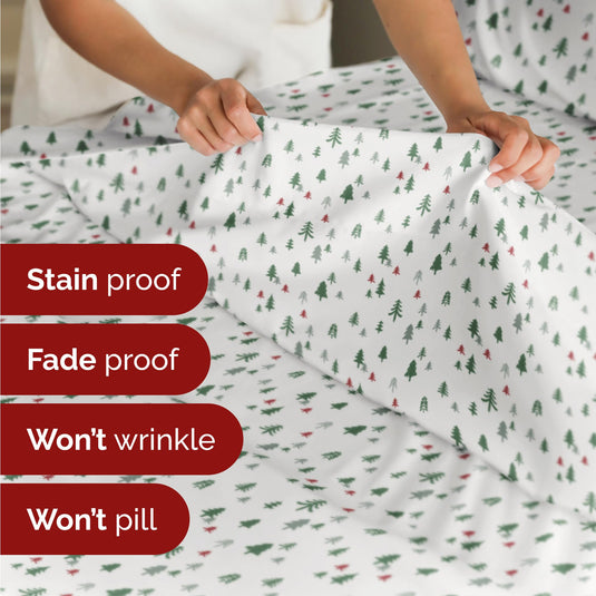 Queen Christmas Tree Sheet Set - Holiday Xmas Pattern Linen Set - Deep Pockets - Snug Fit - 4 Piece - Wrinkle Free - Comfy & Cooling Festive Winter Bedding - Easy To Care For - Kid Friendly