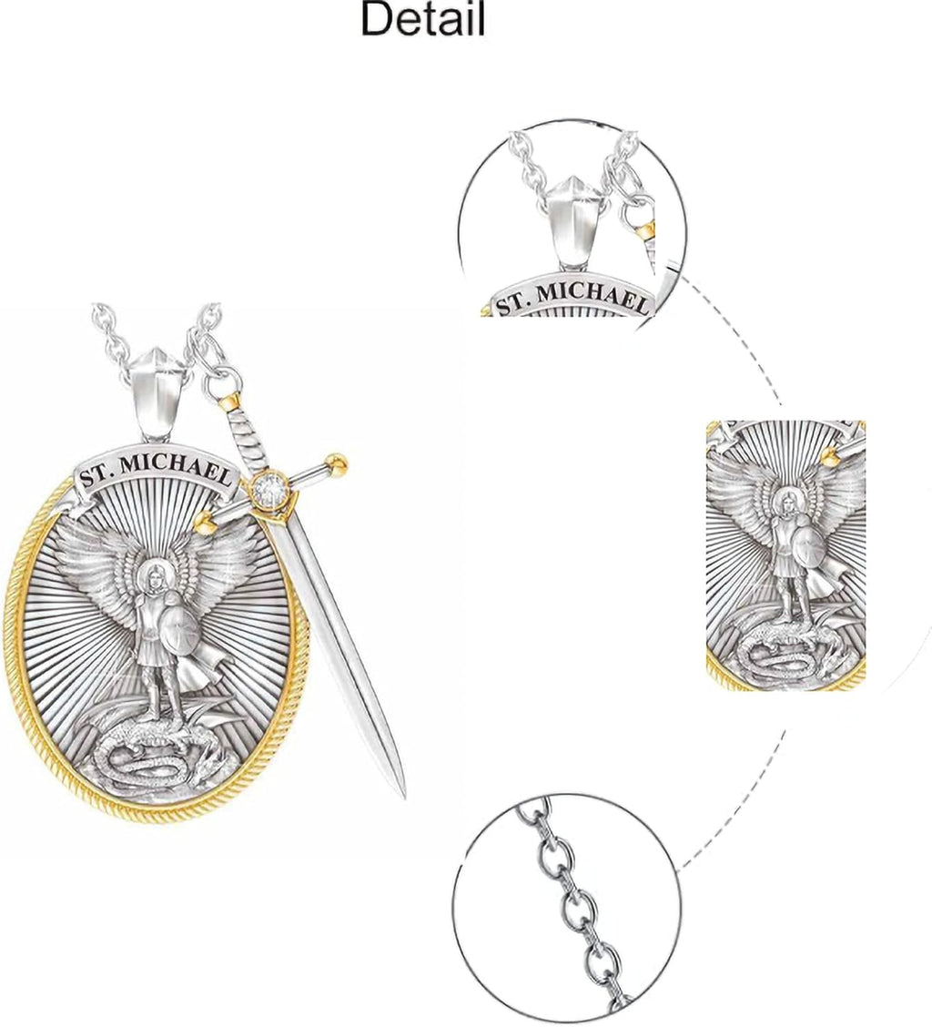 Archangel St. Michael Catholic Patron Steel Viking Pendant Necklace Jewelry Divine Sword Senhield Protection Gift for Men and Women-1PC-Anvirtue