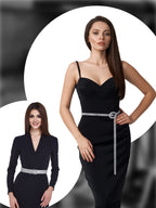 Geyoga 2 Pieces Women Rhinestone Belt for Dress Crystal Diamond Shiny Wide Waist Ladies Belt(Medium, Fit Waist Size 27-34 Inch,Silver)