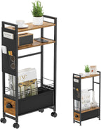 Narrow Side Tables with Drawer for Small Spaces, Small End Table Slim Nightstand with Wheels, Space Saving Skinny Thin Bedside Sofa Coffee Desk with Storage Bag for Bedroom Living Room Couch