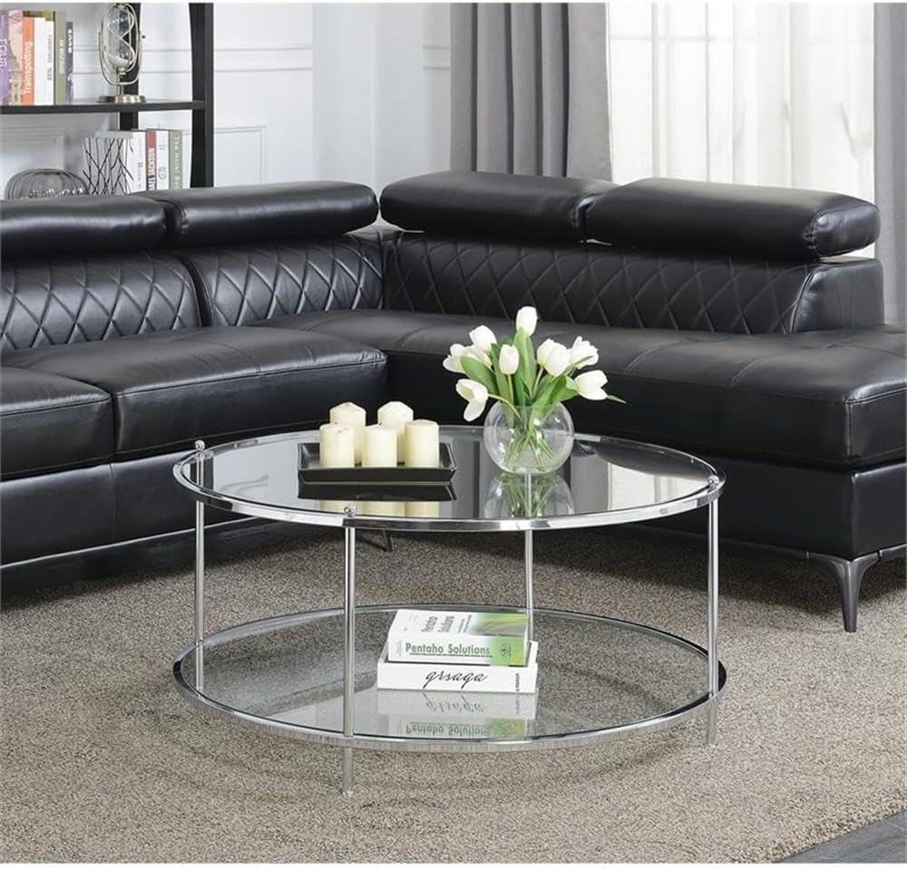 Convenience Concepts Royal Crest 2 Tier Round Glass Coffee Table, Clear Glass / Chrome Frame