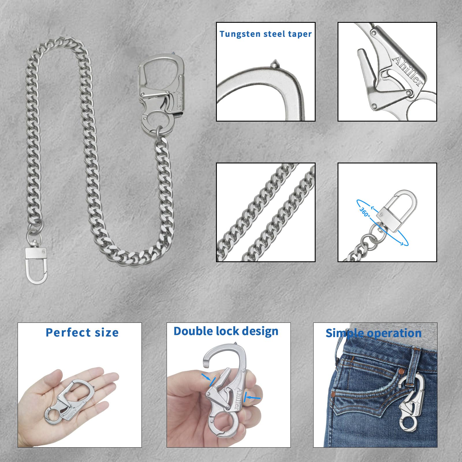 Ahiller Men's Wallet & Key Chain with Tungsten Steel Taper, Heavy Duty Biker Wallet Chain for Jeans, Belt or Pocket (DK-Silver-1PCS)