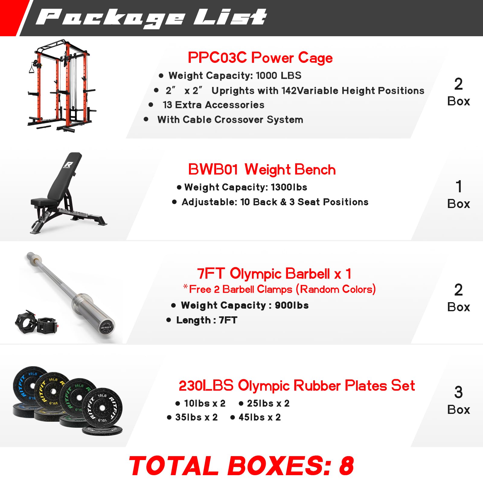 RitFit Squat Rack Power Cage Home Gym Package, Includes 1000LBS Power Rack with Cable Crossover System, Weight Bench, Weight Plate Set with Olympic Barbell (Package 1.6K (Bumper Plate 230LBS))-Orange