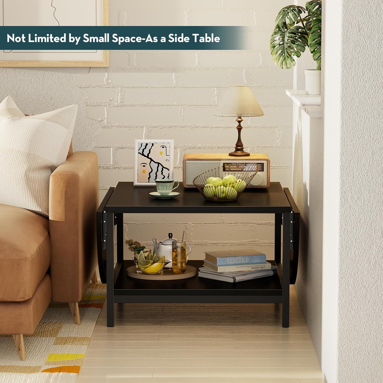 SAYGOER Black Coffee Table Modern Extended Coffee Tables with Storage for Living Room 2-Tier Unique Center Table with Two Folding Panel for Any Large or Small Space,Foldable, All Black