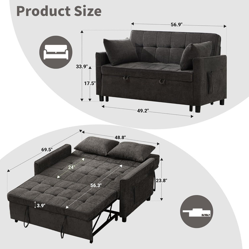 Tbfit 57" Convertible Sofa Bed, Chenille Futon Sleeper Sofa Couch with Pullout Bed, USB & Adjustable Backrest, Queen Size Pull Out Loveseat Couches for Living Room, Apartment, Office, Dorm, Dark Grey