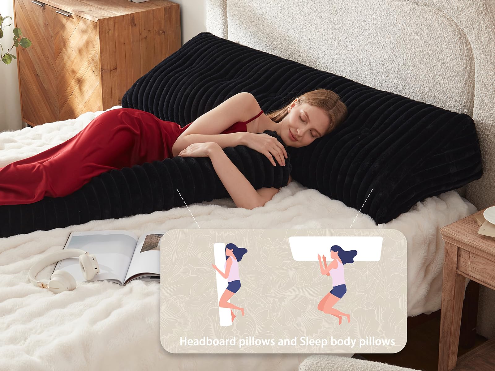 AmyWtb hovedgærde pude + en lang nakkepude kropspude, hovedgærde kilepude i imiteret pels med aftageligt betræk (sort, Queen: 59x8x20 tommer)