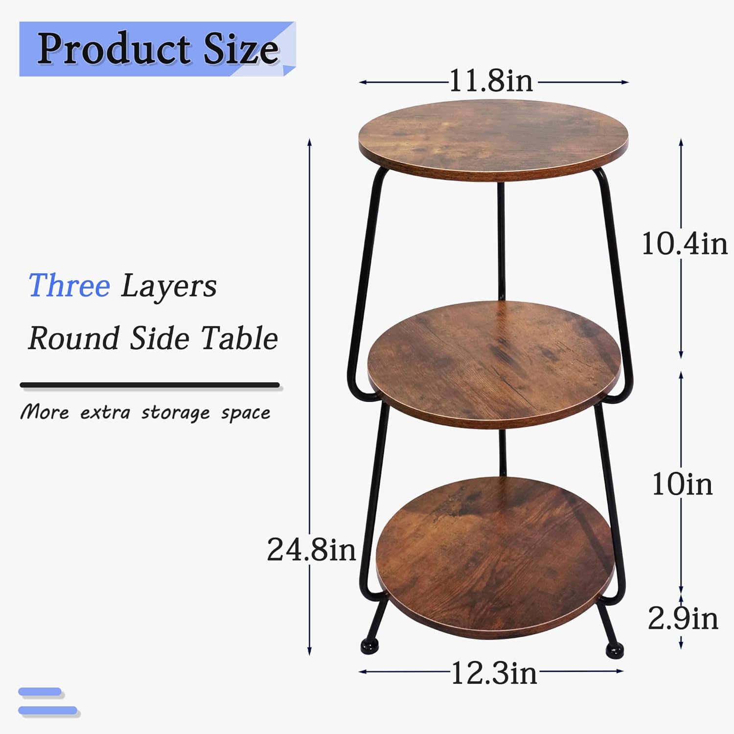 Small Side Table, 3 Tier Round End Table Slim Accent Table Industrial Vintage Nightstand, Metal Frame and Rustic Wood Coffee Table for Small Spaces, Bedroom, Living Room (Brown)