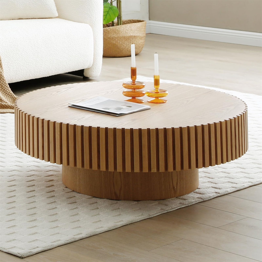 LKTART Round Coffee Table for Living Room, Accent Fluted Drum Coffee Table with Storage, Modern Solid Wood Veneered Circle Center Tea Table for Small Space Apartment (31.5''D×14''H-Natural)