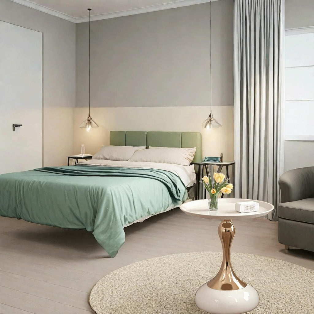 Modern Round Side Table with Gold Pedestal Base, Black Metal Top, Accent End Table for Living Room (White)