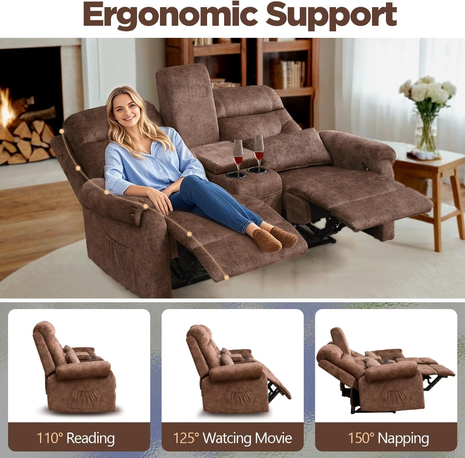 Reclining Loveseat Sofa, RV Loveseat Recliner with Console, Manual Home Theater Seating Loveseat with Cup Holders/Pockets, RV recliners for Living Room (Brown)