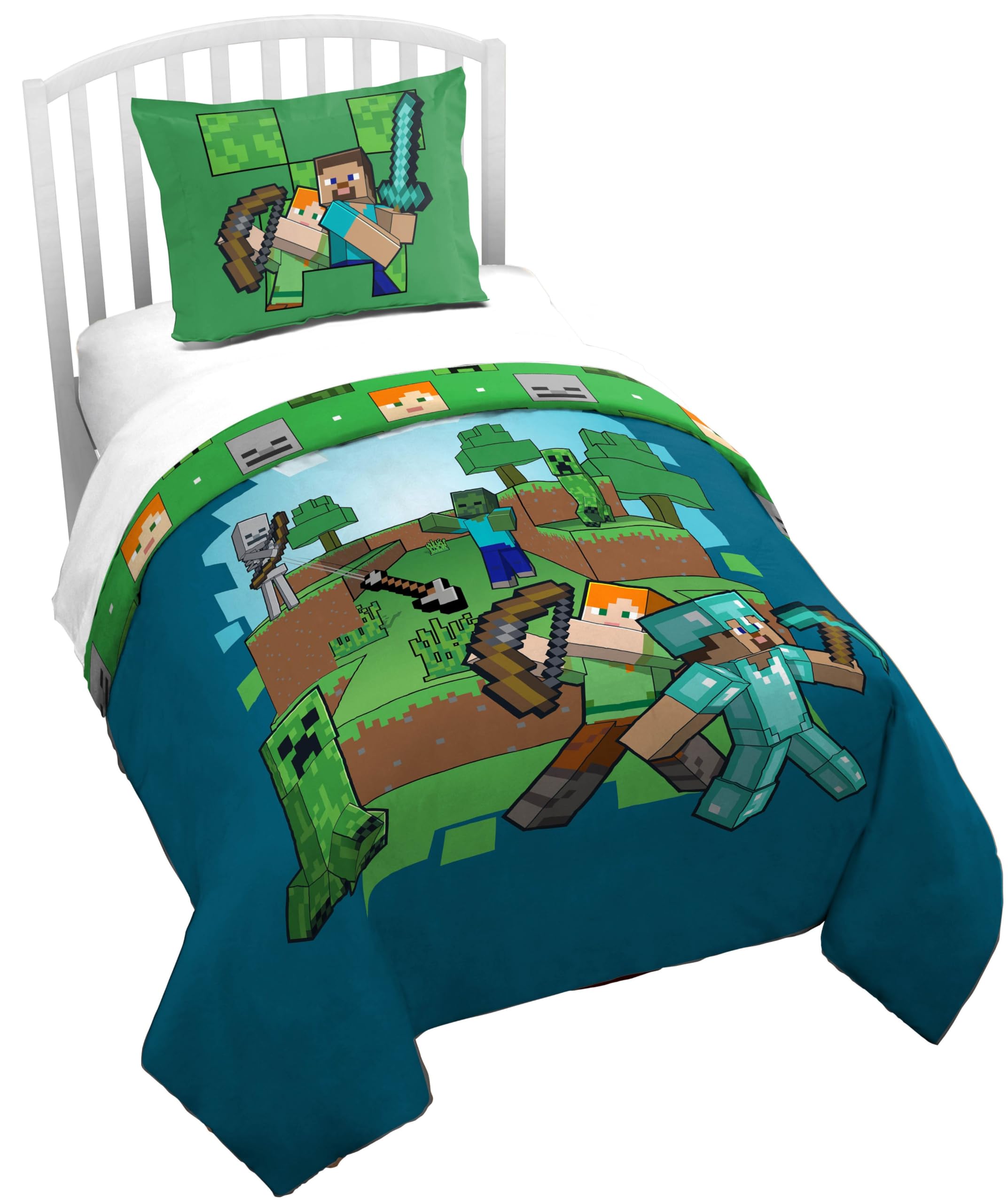 Jay Franco Kids Duvet Cover Set – 3 Piece Super Soft Bedding with Sham Pillowcase, Cover ONLY Comforter Not Included, Blue - Minecraft, Full