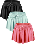 Didaey 3 stk. flydende løbeshorts til kvinder 2 i 1 butterfly-shorts med lommer, spandexfor, atletisk træning (medium, sort, grøn, rød)