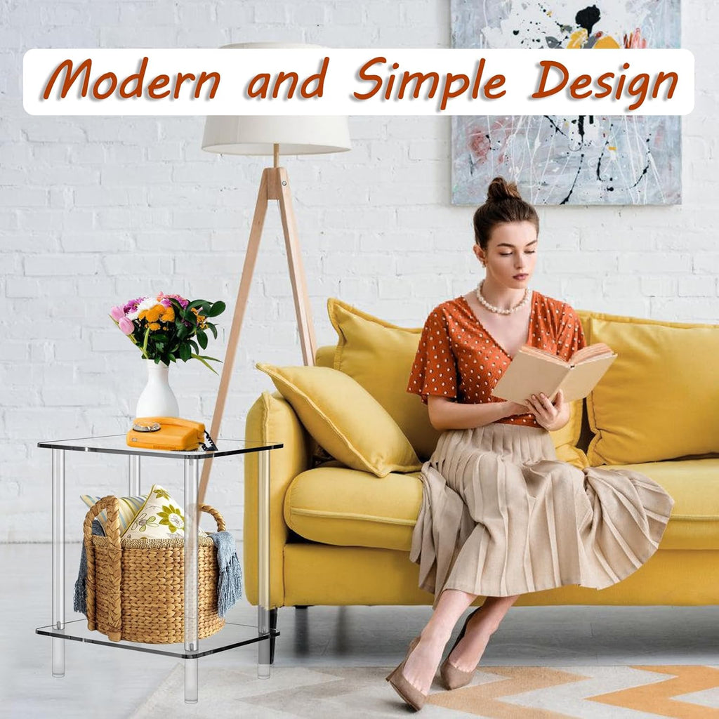 2-Tier Acrylic Small Side Table End Table Bedside Table Square Nightstand for Coffee Tea Drinking Living Room Saving Space Bedroom Bathroom Furniture 15.7'' L x 11.8'' W x 20'' H