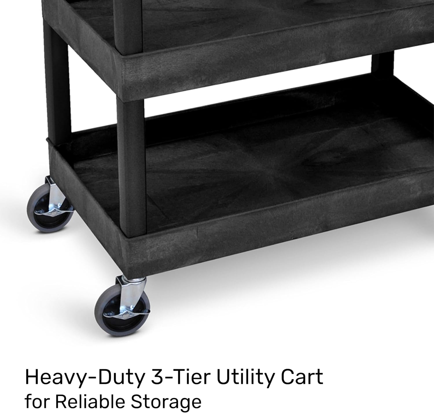 Tubstr 3-Tier Rolling Utility Cart with Wheels | Supports 300 lbs. Total | Heavy-Duty Capacity for Garage Storage, Office Spaces, & Kitchen Use | Durable Tool Cart with Locking Wheels (Black, 32 x 18)