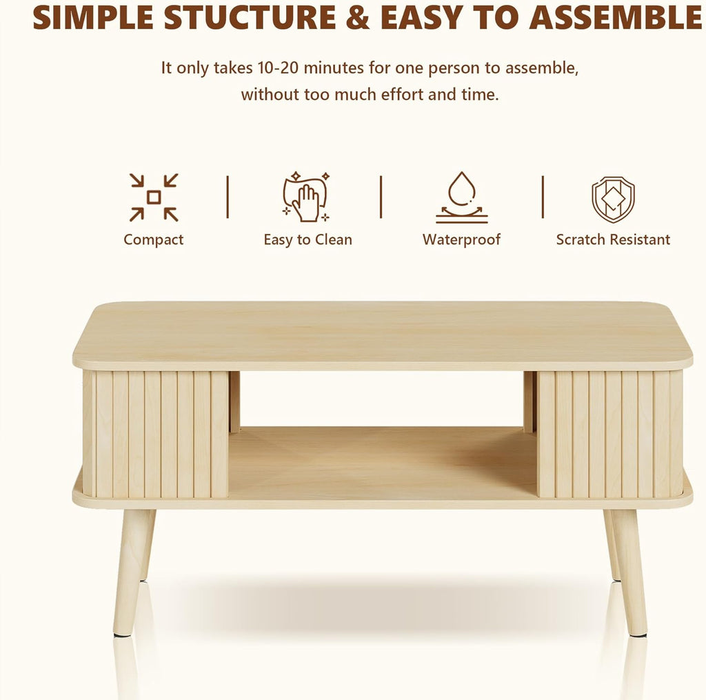 LAZZO Coffee Table with Storage Center Table for Living Room Rectangle Coffee Table with Rounded Edges,Easy Assembly, Natural Wood