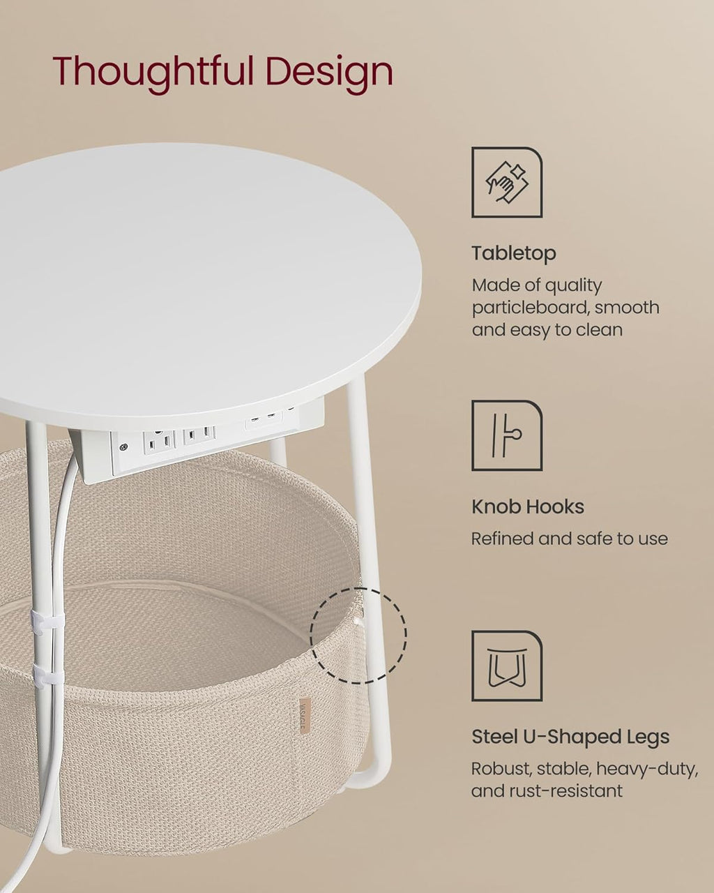 VASAGLE Side Table with Charging Station, Round End Table with Fabric Basket, Nightstand with Power Outlets, USB Ports, for Living Room, Bedroom, Modern, Matte White and Camel Brown ULET228W01