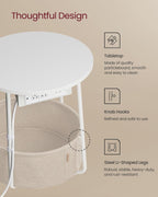 VASAGLE Side Table with Charging Station, Round End Table with Fabric Basket, Nightstand with Power Outlets, USB Ports, for Living Room, Bedroom, Modern, Matte White and Camel Brown ULET228W01
