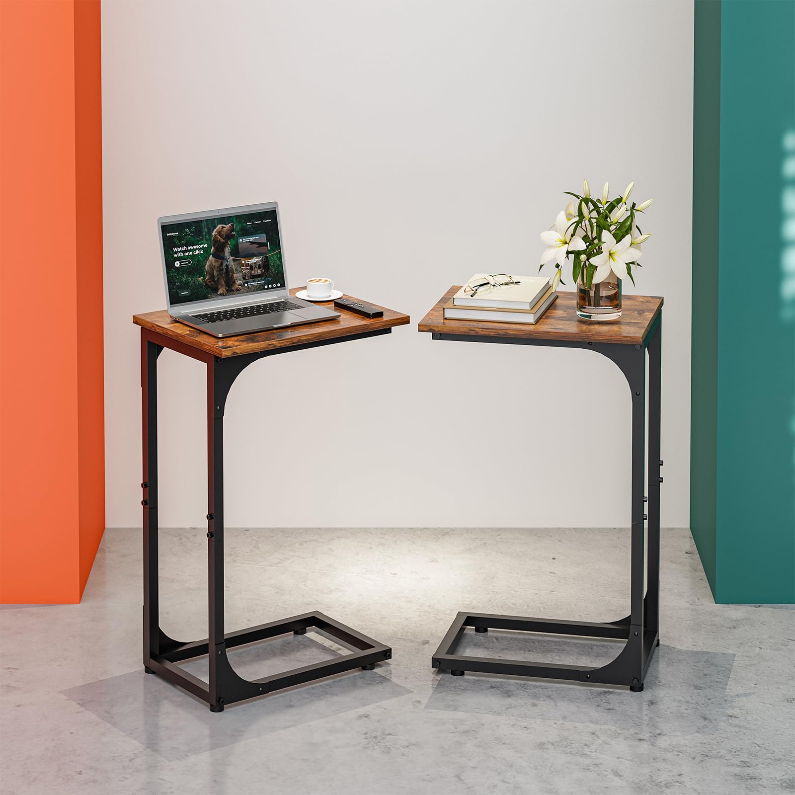 C-Shaped Side Table for Couch - Small Coffee Stand Sofa Tray Desk with Metal Frame and Waterproof Scratch Resistant, Modern End Accent for Living Room, Bedroom, Small Spaces, Rustic Brown