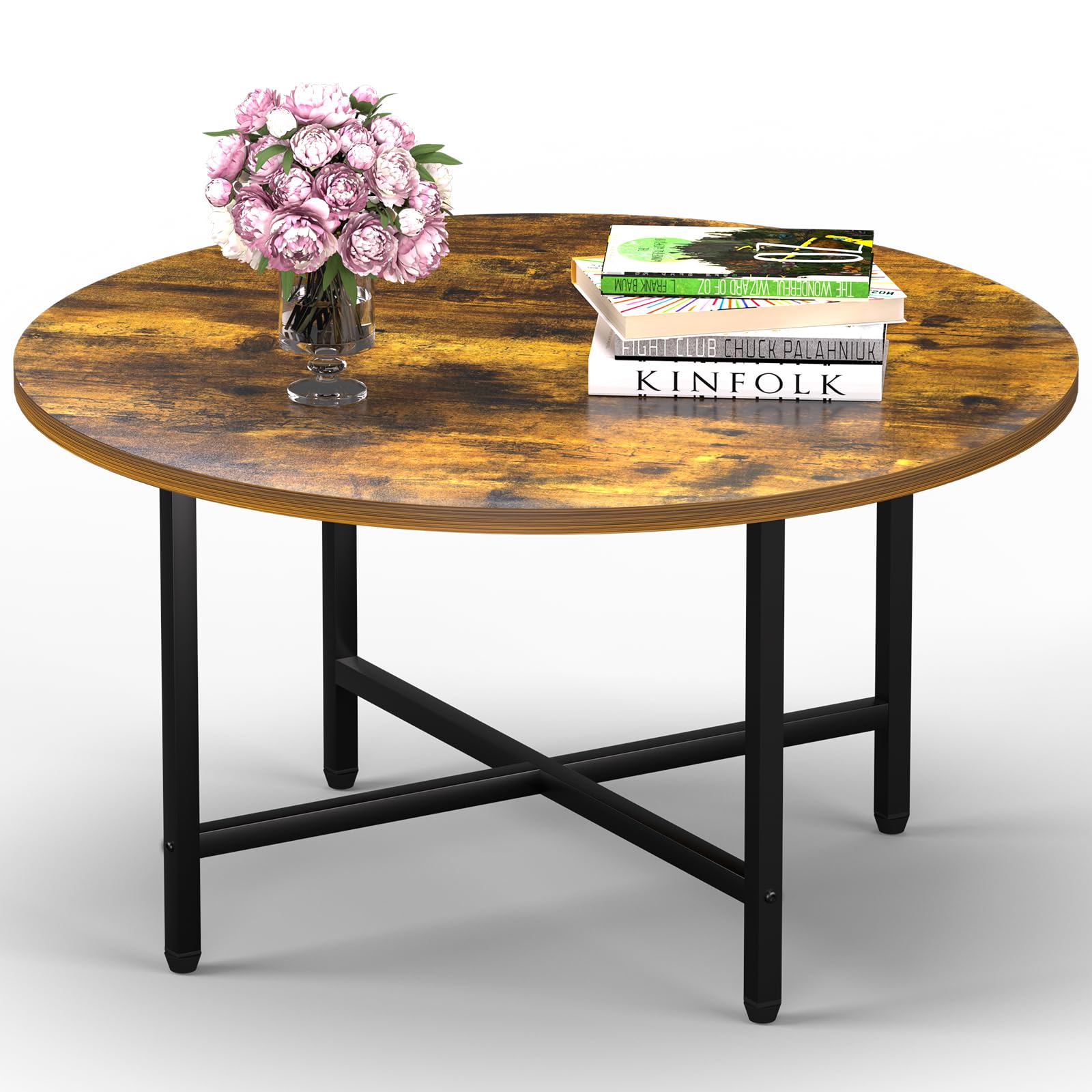 Round Coffee Table, Small Coffee Tables for Living Room, Wood Coffee Table with Metal Frame, Floor Table Desk for Sitting on The Floor, Home, Office, Farmhouse, Rustic Brown (23.6"D x 17.7"H)