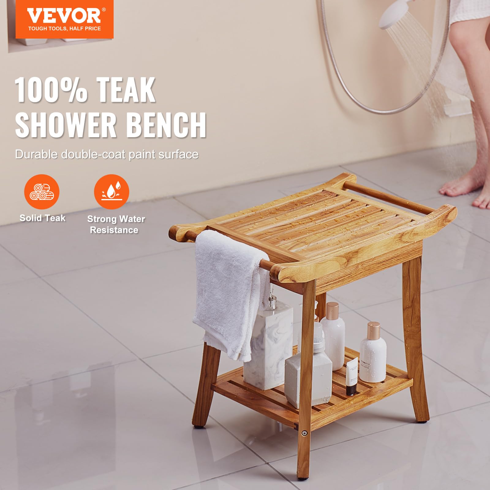 VEVOR Teak Shower Bench, 22 x 14.4 x 18.5 in, Waterproof Wood Shower Stool with Storage Shelf Handle Non-Slip Feet, 300 lbs Maximum Load Capacity Shower Chair Seat, for Bathroom Indoor and Outdoor Use