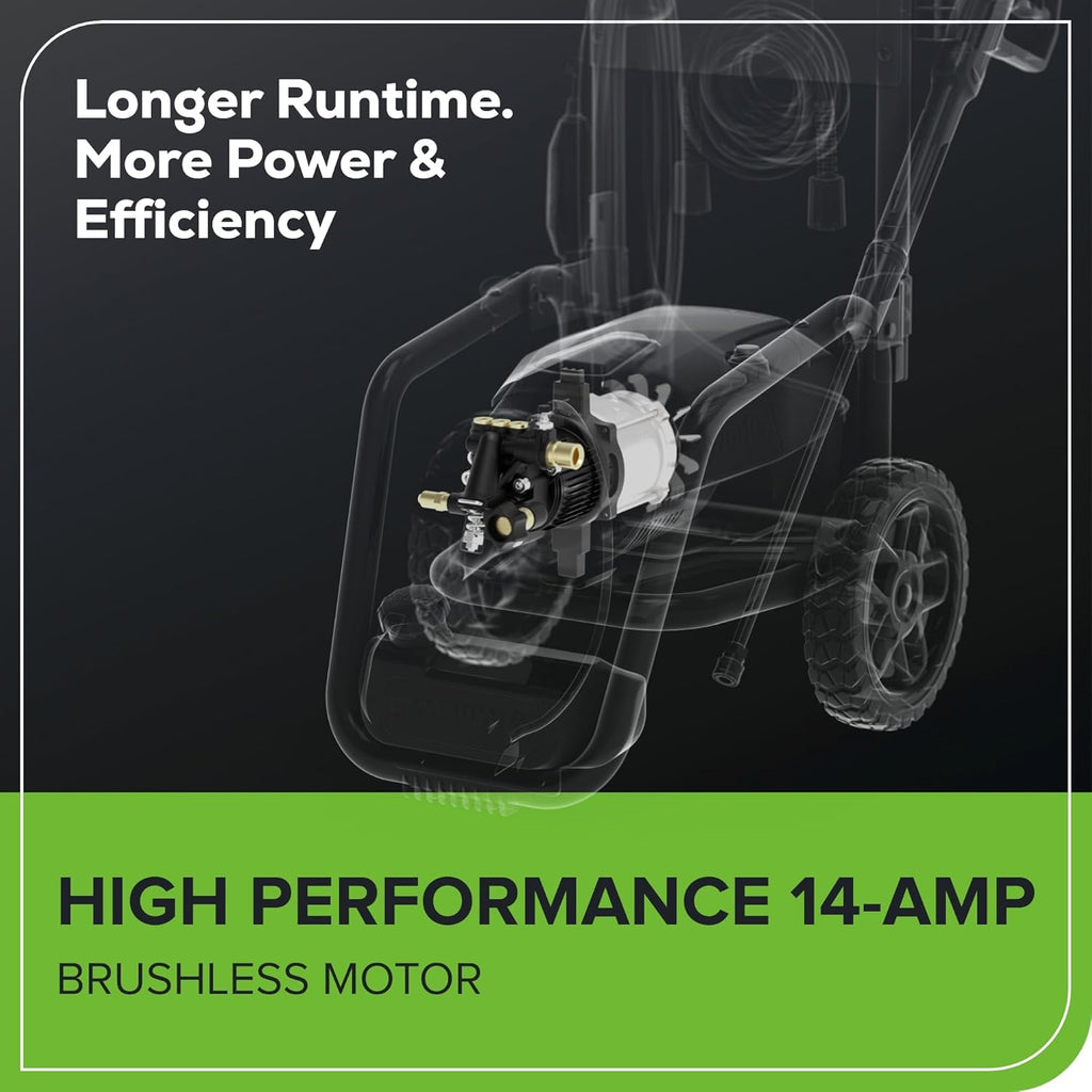 Greenworks Pro Brushless 3000 PSI (CSA Certified) 2.0 GPM Max / 1.1 GPM Electric Pressure Washer (Foldable Handles, Rugged Steel Frame, 25 FT Hose, 35 FT GFCI Power Cord)