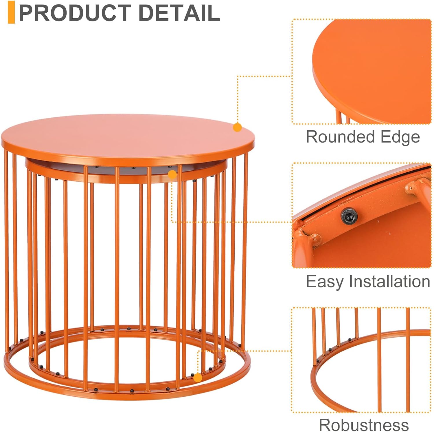 LEWIS&WAYNE Outdoor Side Table Set of 2, Metal Circle Accent End Tables for Balcony Backyard Garden Indoor Living Room, Durable Nesting Coffee Tables, 20”+16” Dia, Orange