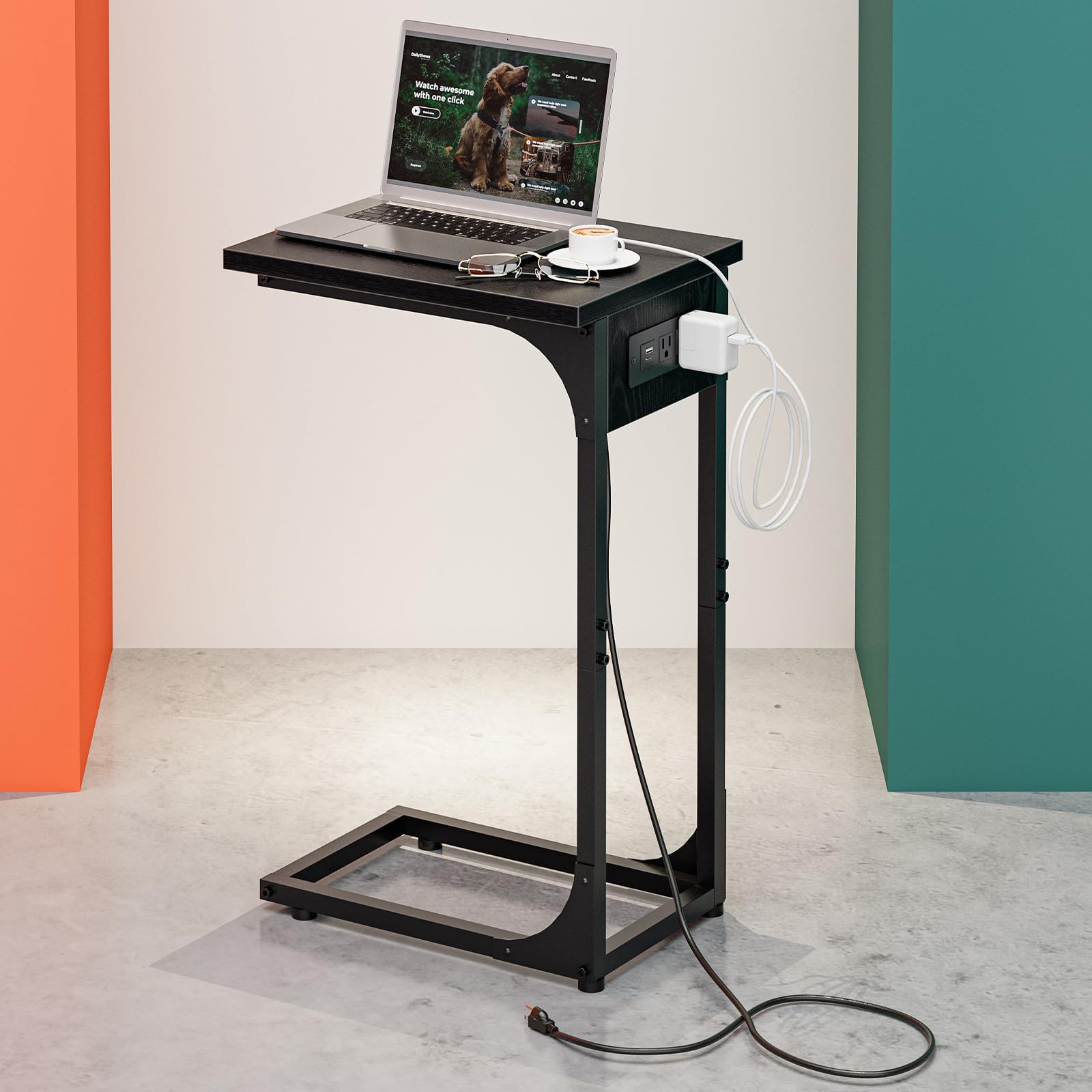 C-Shaped Side Table for Couch - Small Coffee Stand Sofa Tray Desk with Metal Frame and Waterproof Scratch Resistant, Modern End Accent for Living Room, Bedroom, Small Spaces, Rustic Brown