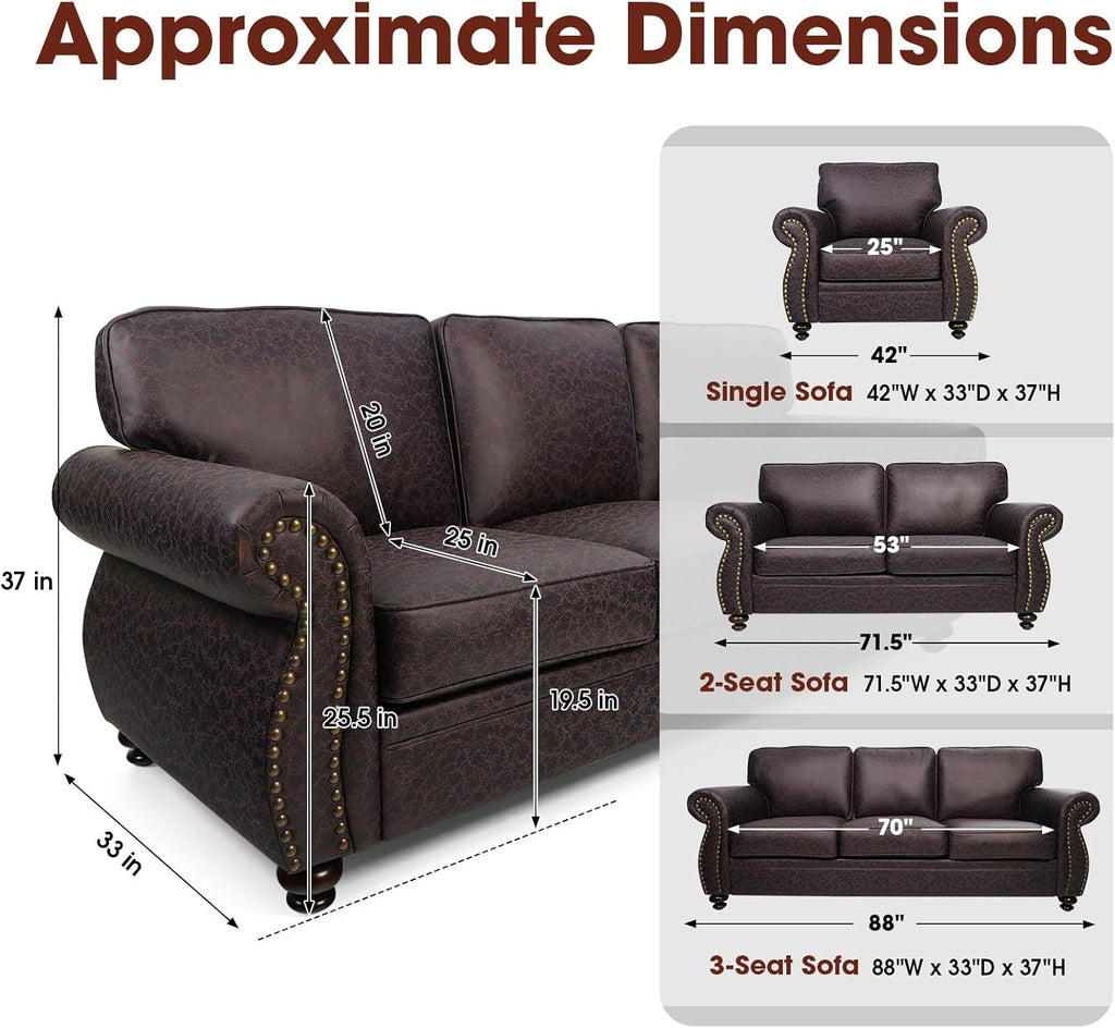 Living Room Furniture Sets,Mid-Century Vintage Sofa Couches with Rivet Design (Brown, Loveseat+3 Seater)
