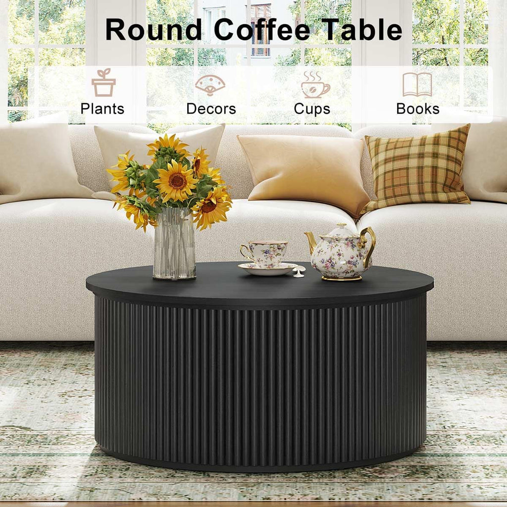 FATORRI Round Coffee Table with Storage, 31.5 Inch Modern Fluted Center Table, Woodern Accent Coffee Tables for Living Room, Black