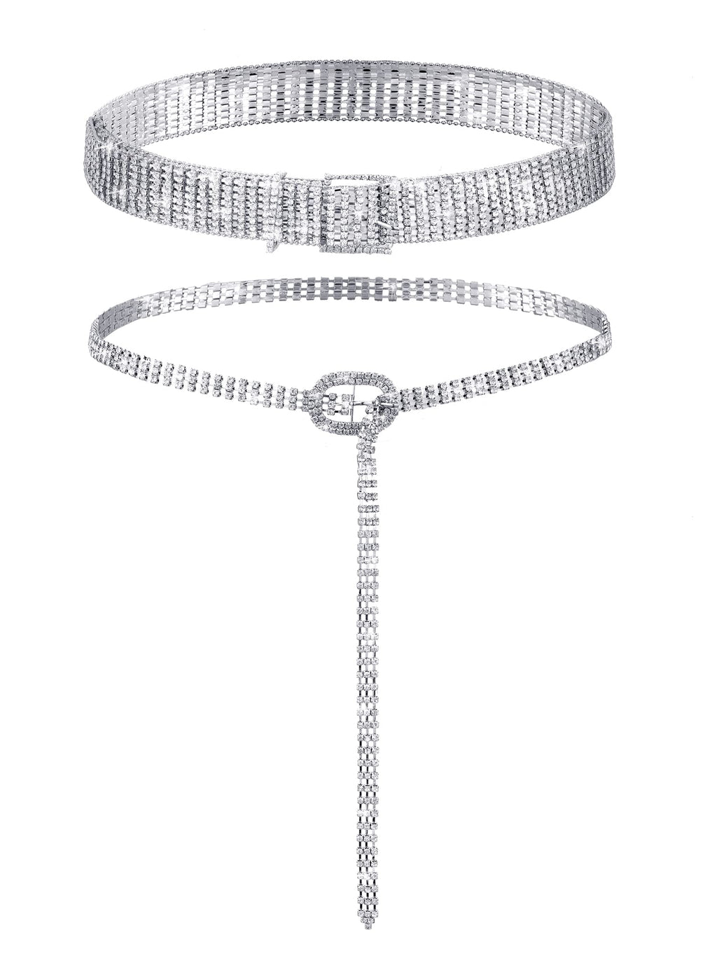 Geyoga 2 Pieces Women Rhinestone Belt for Dress Crystal Diamond Shiny Wide Waist Ladies Belt(Medium, Fit Waist Size 27-34 Inch,Silver)